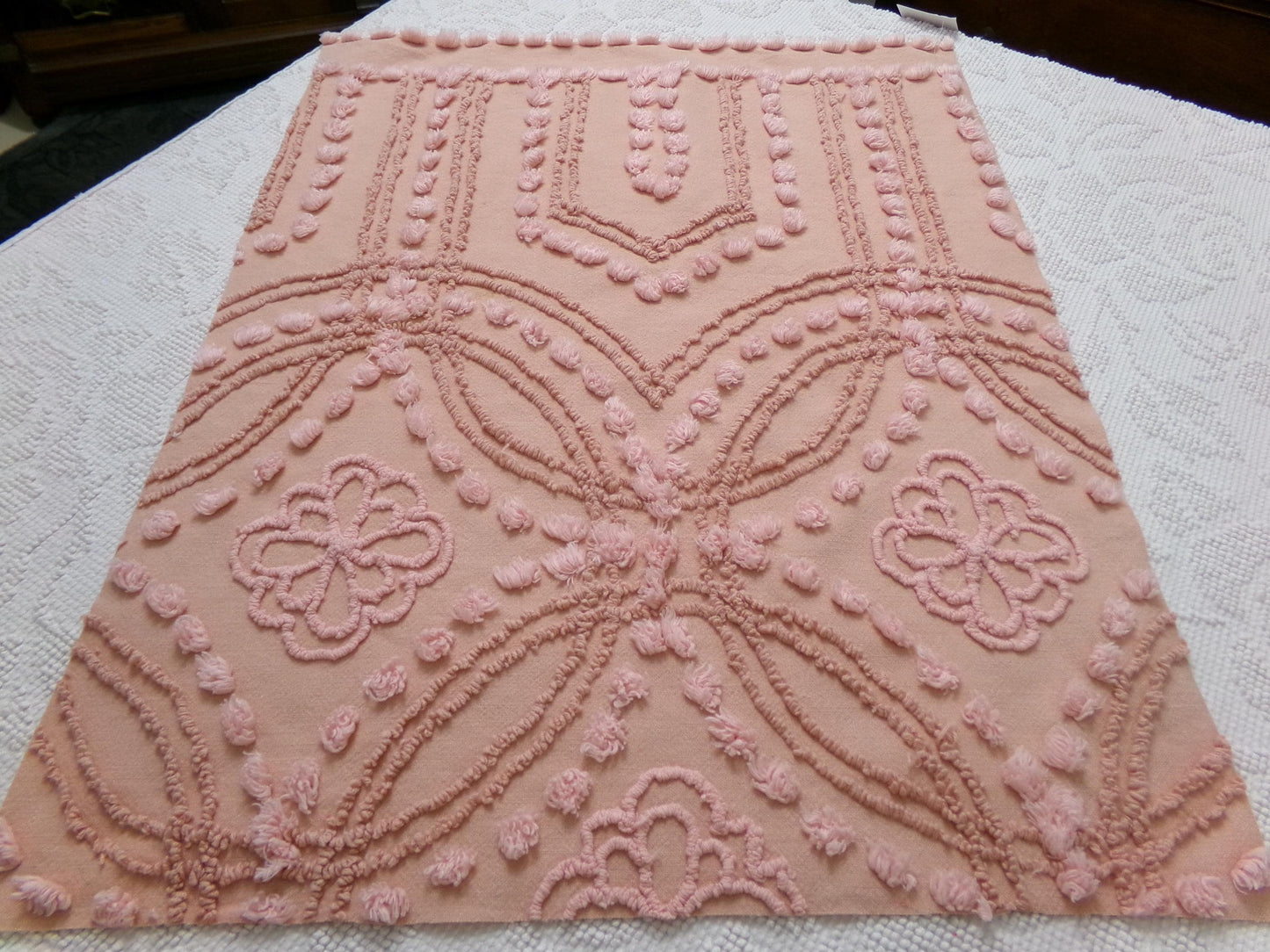 Boho Earthy Vintage Chenille Bedspread Fabric Piece, Cathedral Daisy Dot Design, 19" x 24"