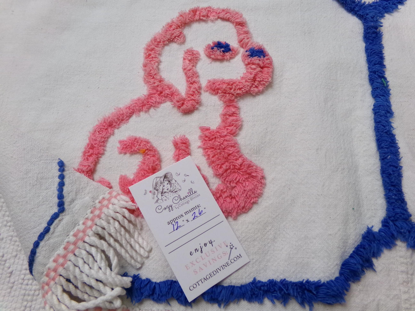 Pink Puppy Dog Vintage Chenille Fabric, Pair of Puppies on Cotton Feedsack, 12" x 26" Piece