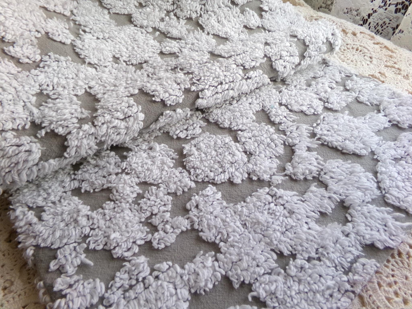 modern grey & white chenille fabric, abstract tufted pebble design sewing quilt material, 18" x 24"