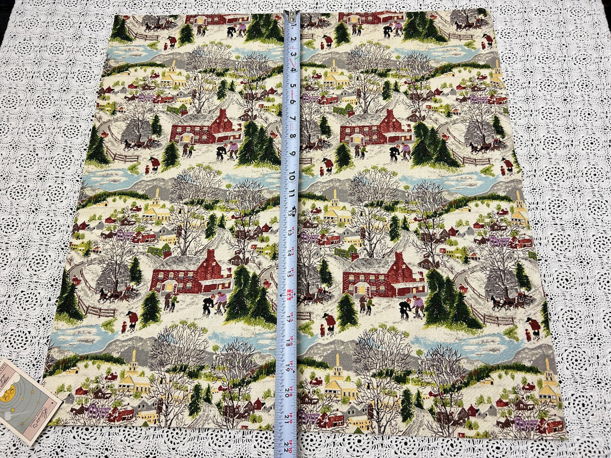 Grandma Moses DEEP SNOW Vintage Barkcloth Fabric, Folk Art Winter Scene 20x21"
