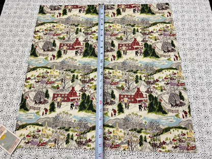 Grandma Moses DEEP SNOW Vintage Barkcloth Fabric, Folk Art Winter Scene 20x21"