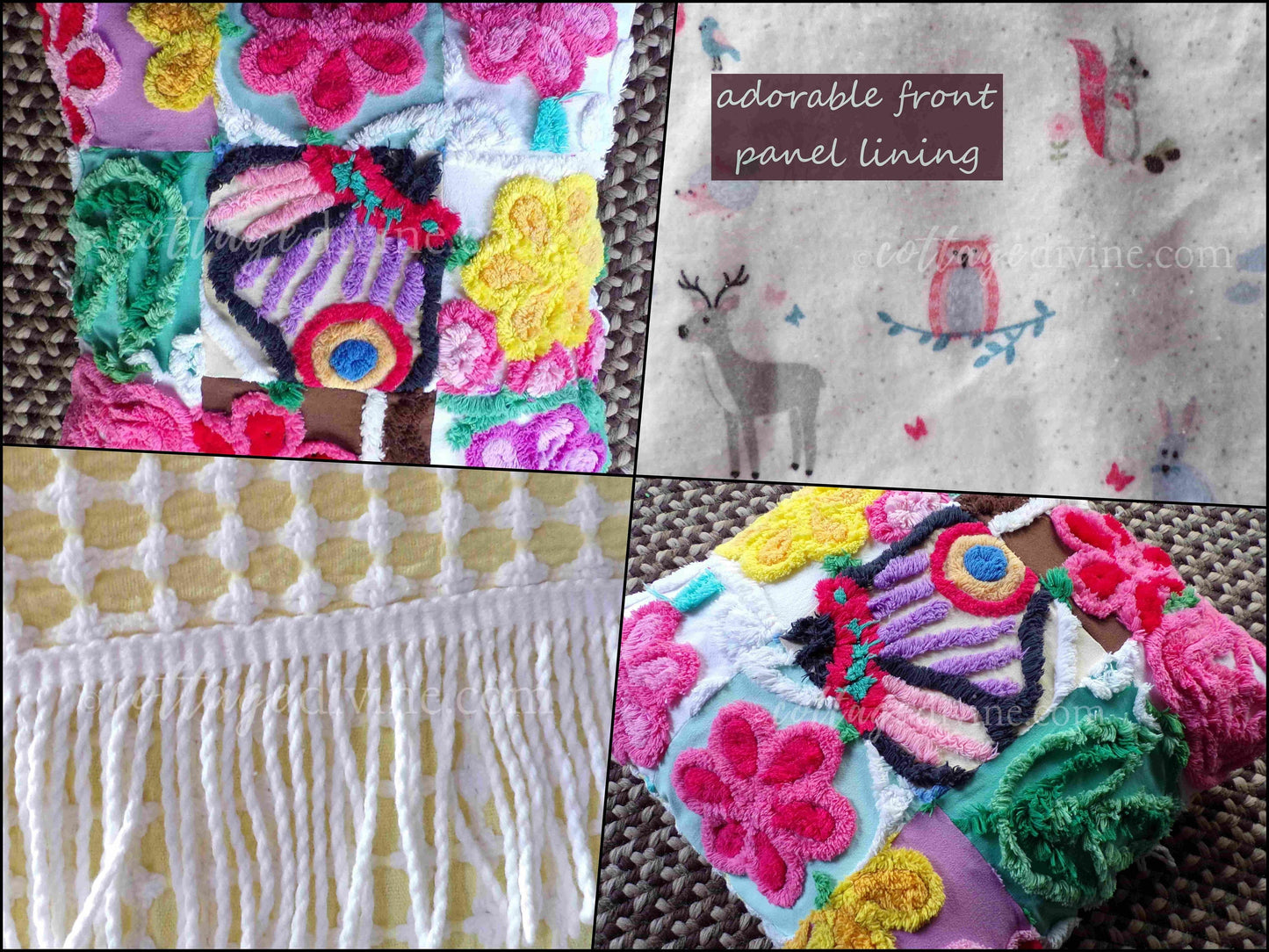 PATCHWORK Rainbow Butterfly Chenille Pillow Cover 16" x 16" Square, REVERSIBLE Accent Pillow Designed from Vintage Chenille Bedspread Fabric