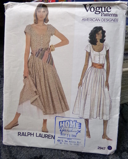 Vintage Vogue 2947 Pattern Ralph Lauren Dress Petticoat Scarf New Uncut Misses Sz 8