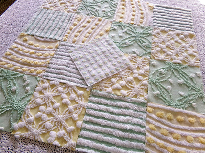 Fern & Flora Vintage Chenille Fabric Squares Set of 17 Blocks, 6" inch ea, Cheery Stripes, Dots Geometric Designs