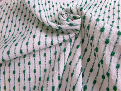 preppy kelly green textured fabric piece, vintage chenille raindrop dots on white woven cotton, great in quilts, xmas stockings, 20" x 25"