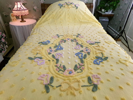 Sunny Floral Vintage Chenille Bedspread, Cotton Summer Coverlet, Twin Sz Bedding