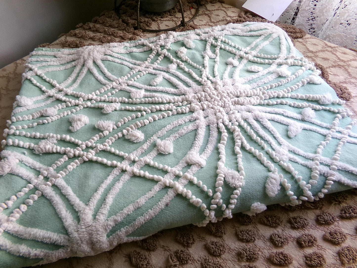 starry spiderweb jade green vintage chenille fabric, unique webbed design, 20" x 26" inch piece for quilting material & sewing