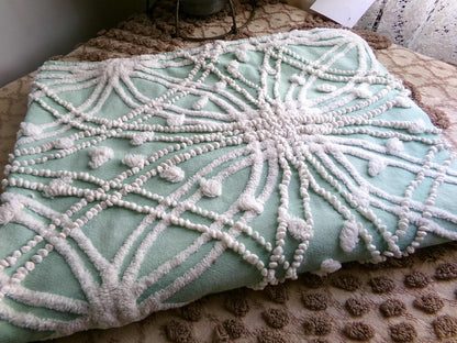 starry spiderweb jade green vintage chenille fabric, unique webbed design, 20" x 26" inch piece for quilting material & sewing