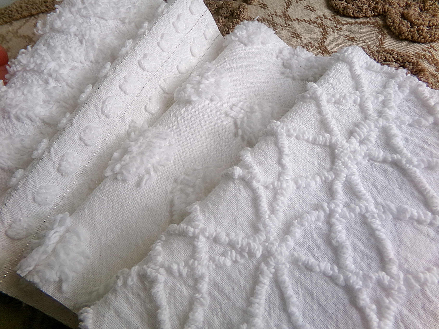 Snow White 6" Chenille Fabric Squares, Set of 16 Quilt Blocks, Classic Dots, Pops, Diamond patterns cut from vintage chenille bedspreads