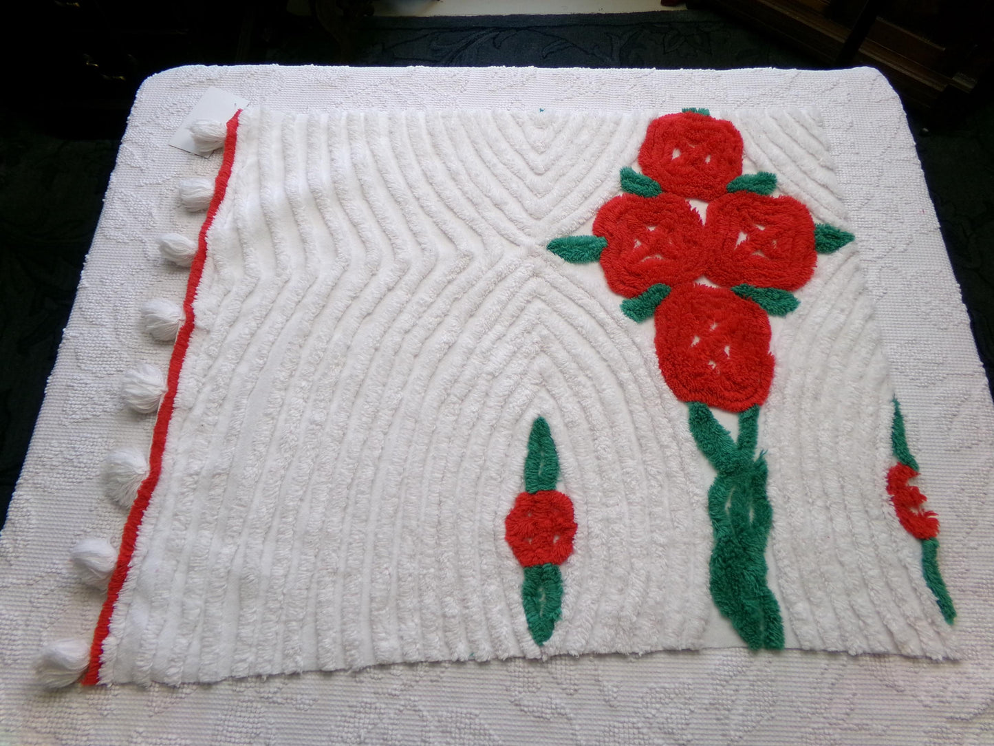 red cabbage rose vintage chenille fabric: 20" x 24" piece w/ white tufts & pom pom trim