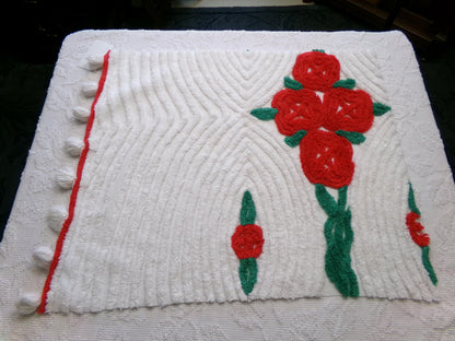 red cabbage rose vintage chenille fabric: 20" x 24" piece w/ white tufts & pom pom trim