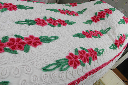 Vintage Chenille Bedspread, Raining Roses on Plush White, Full Size