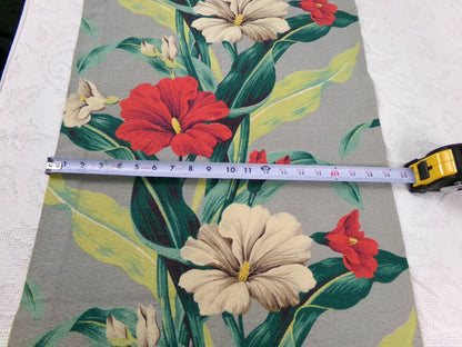 Bold Vintage Barkcloth Fabric Hawaii Hibiscus Pattern Gray Red Cream 19" x 27"