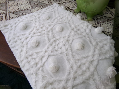 Vintage Chenille Bedspread Fabric, Plush Blue Flowers White Curlicues, 18x24" Piece