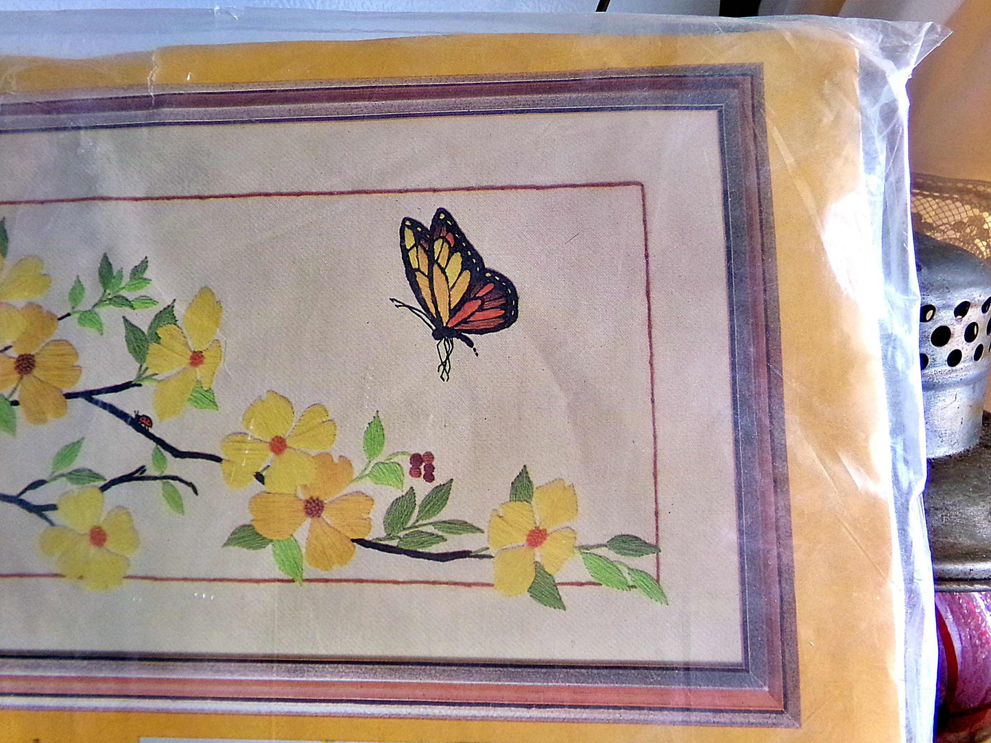 SECRETS of SPRING Crewel Embroidery Kit, HUGE Butterfly & Flowers Wall Hanging, Vintage Paragon Retro Hippie Stitchery, # 0629, Georgia Ball
