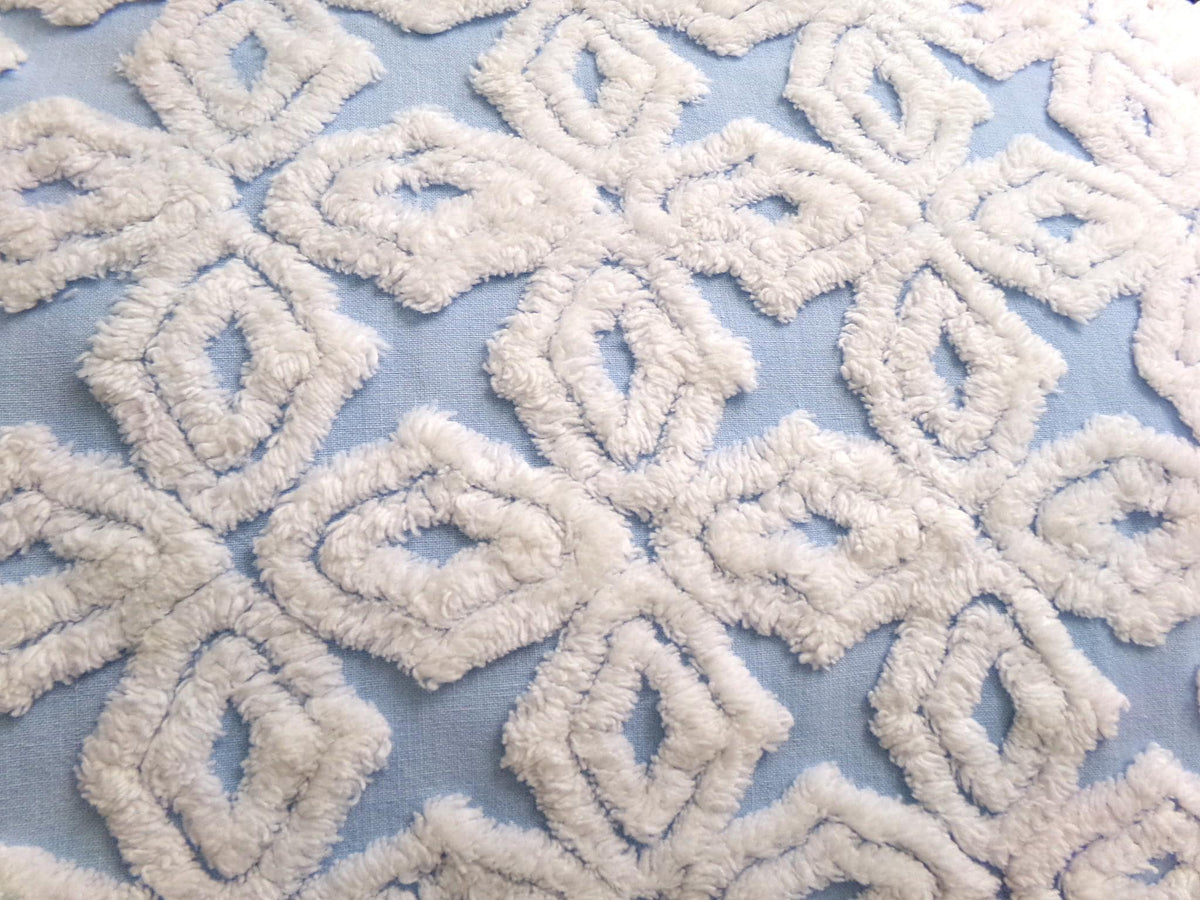 Blue & White Vintage Chenille Fabric, Plush Diamond Cross Design, 18x24" Piece
