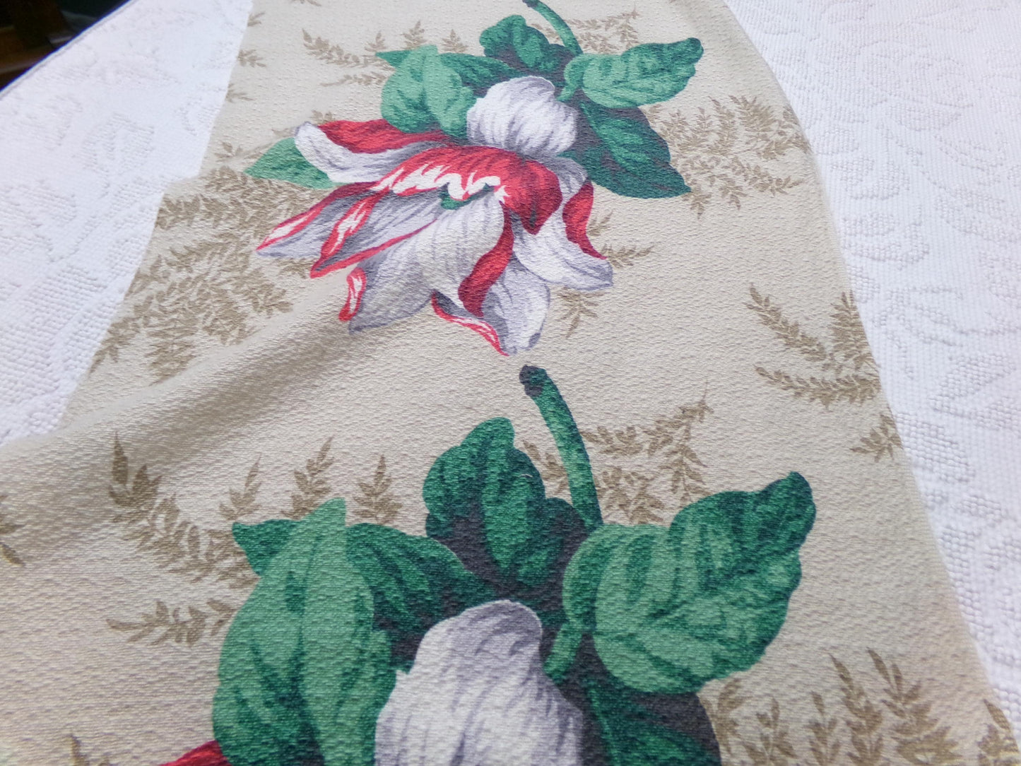 Vintage Barkcloth Fabric 16x27" Floral Magnolia Bloom Red White Green Tan