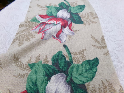 Vintage Barkcloth Fabric 16x27" Floral Magnolia Bloom Red White Green Tan