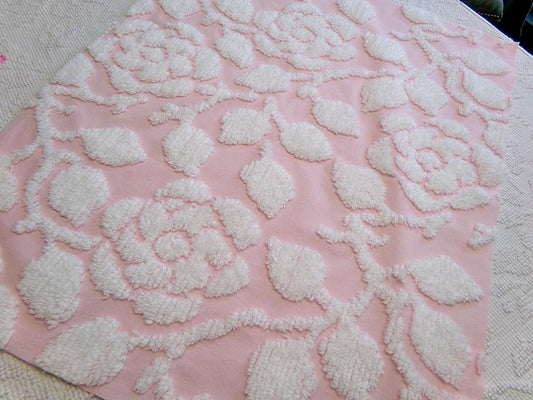 sculpted rose pink vintage chenille fabric, stylized roses cottage chic sewing material, 24" x 20" piece
