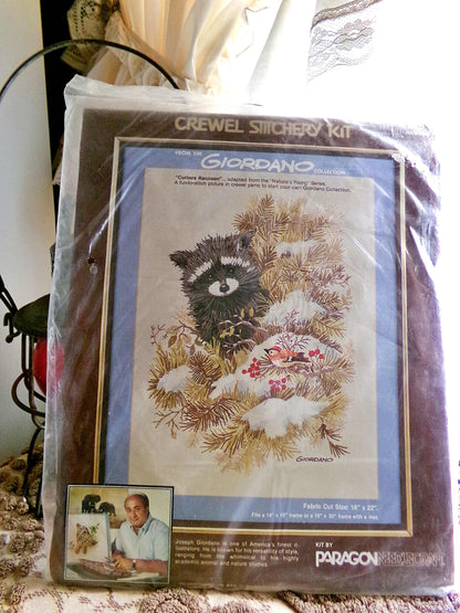 CURIOUS RACCOON Crewel Embroidery Kit, Vintage Paragon 0566 Stitchery Joseph Giordano