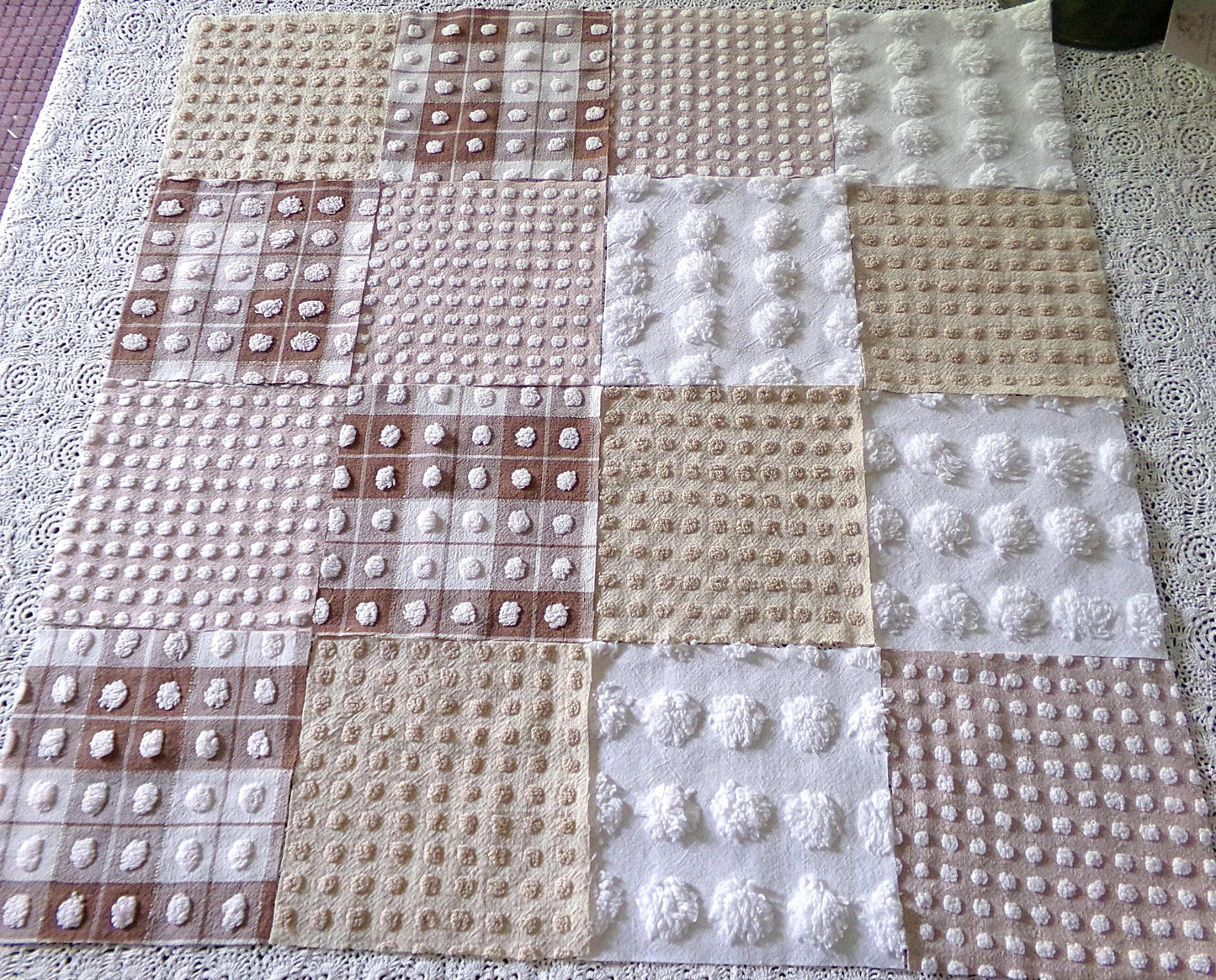 Breakfast Time Novelty Chenille Fabric Squares Set, 16 Vintage Quilt Blocks, 6" x 6" inches each, for Quilting, Sewing, DIY Pillows