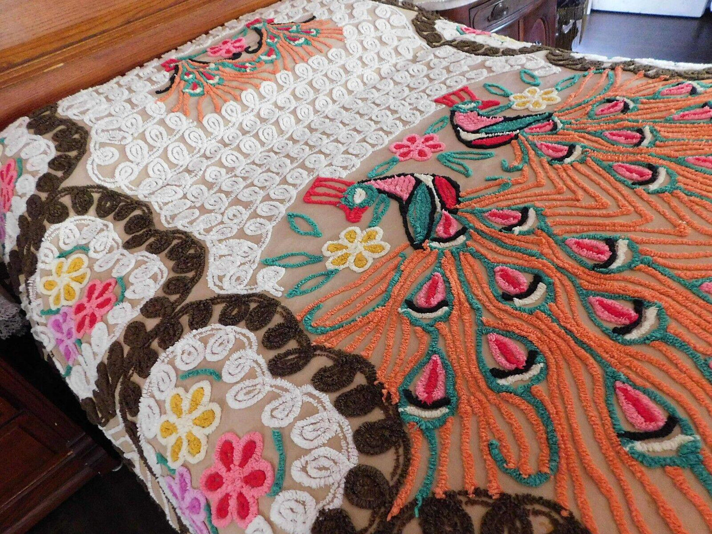 Boho Vintage Peacock Chenille Bedspread, "Opposites Attract" Lovebirds, FULL Sz