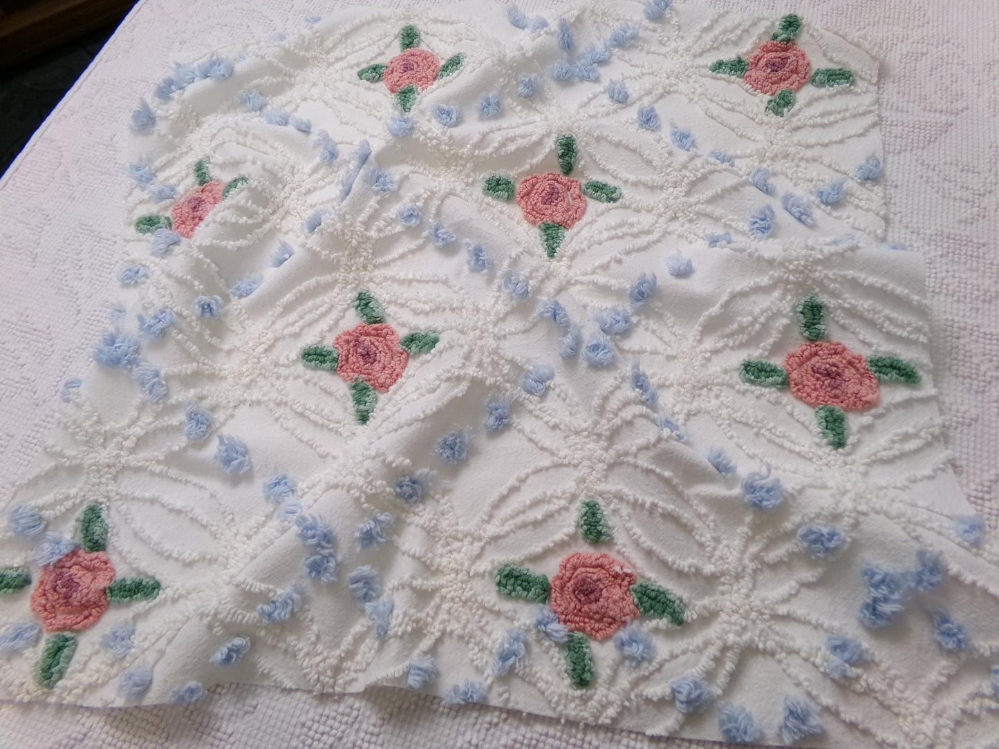 Pink Roses in Winter Vintage Chenille Bedspread Fabric, Romantic 22" x 20" Piece Sewing Material