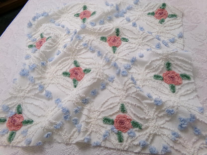 Pink Roses in Winter Vintage Chenille Bedspread Fabric, Romantic 22" x 20" Piece Sewing Material