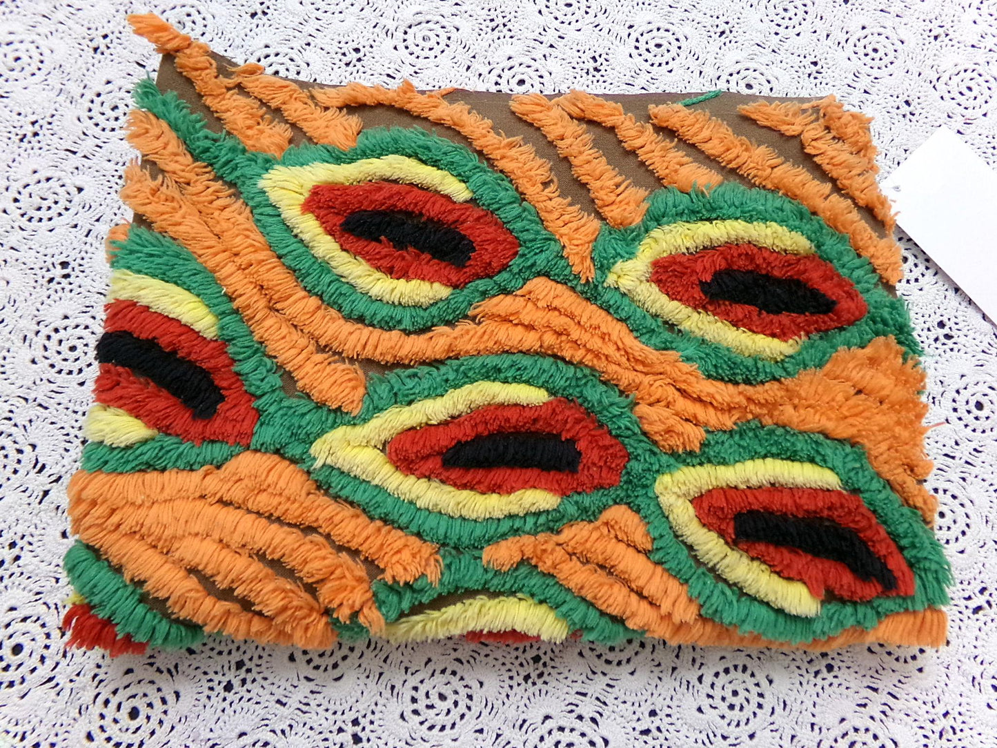 flame feathers vintage chenille bedspread fabric boho peacock plumes brown orange 14x20"