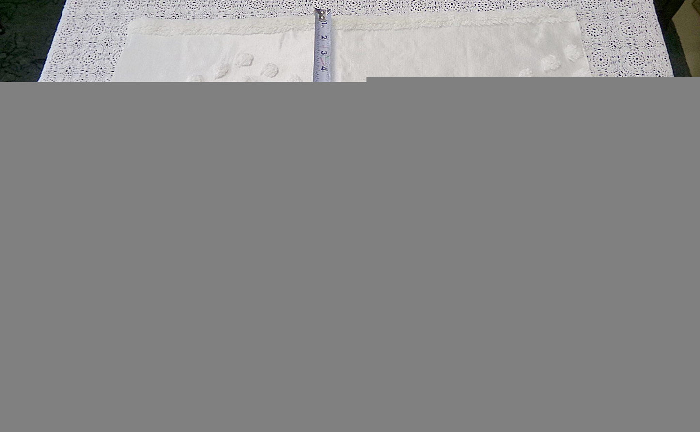 Tufted White Satin Vintage Chenille Bedspread Fabric, Shabby Romantic 19x24"