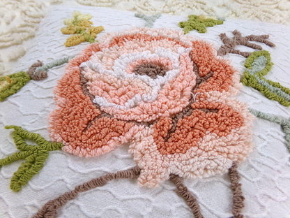 Vintage Rose Chenille Pillow Cover, Reversible Square Cottage Chic Floral Design