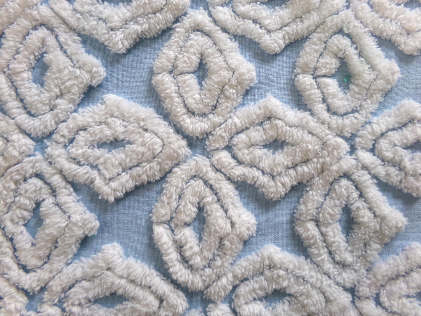 coastal crossing vintage chenille fabric w/ white gothic crosses on blue cotton, 20" x 24" piece