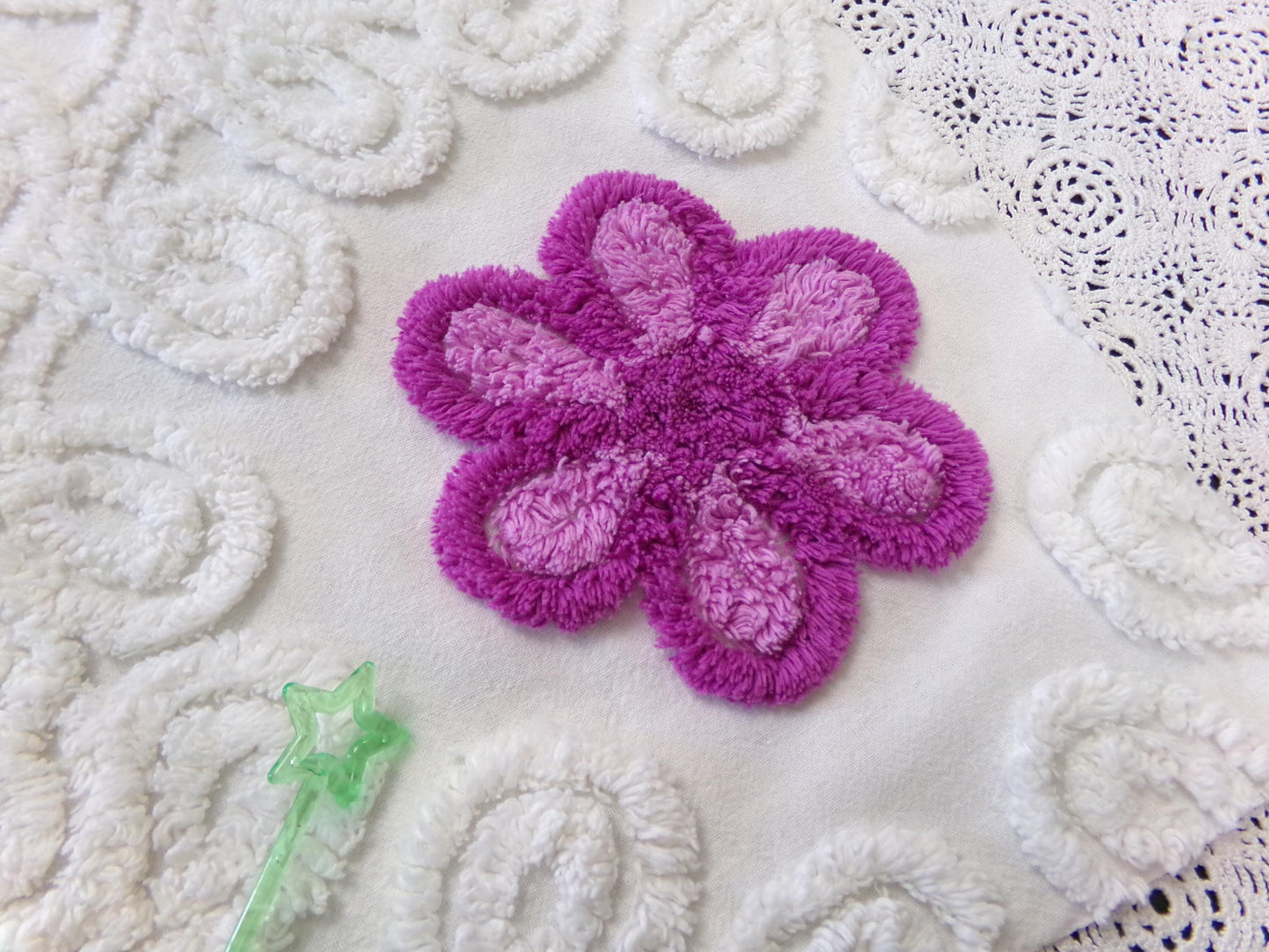 Violets in Snow Vintage Cotton Chenille Fabric - Plush Florals in White Curlicues, Quilt & Craft Material, 20" x 17" Piece