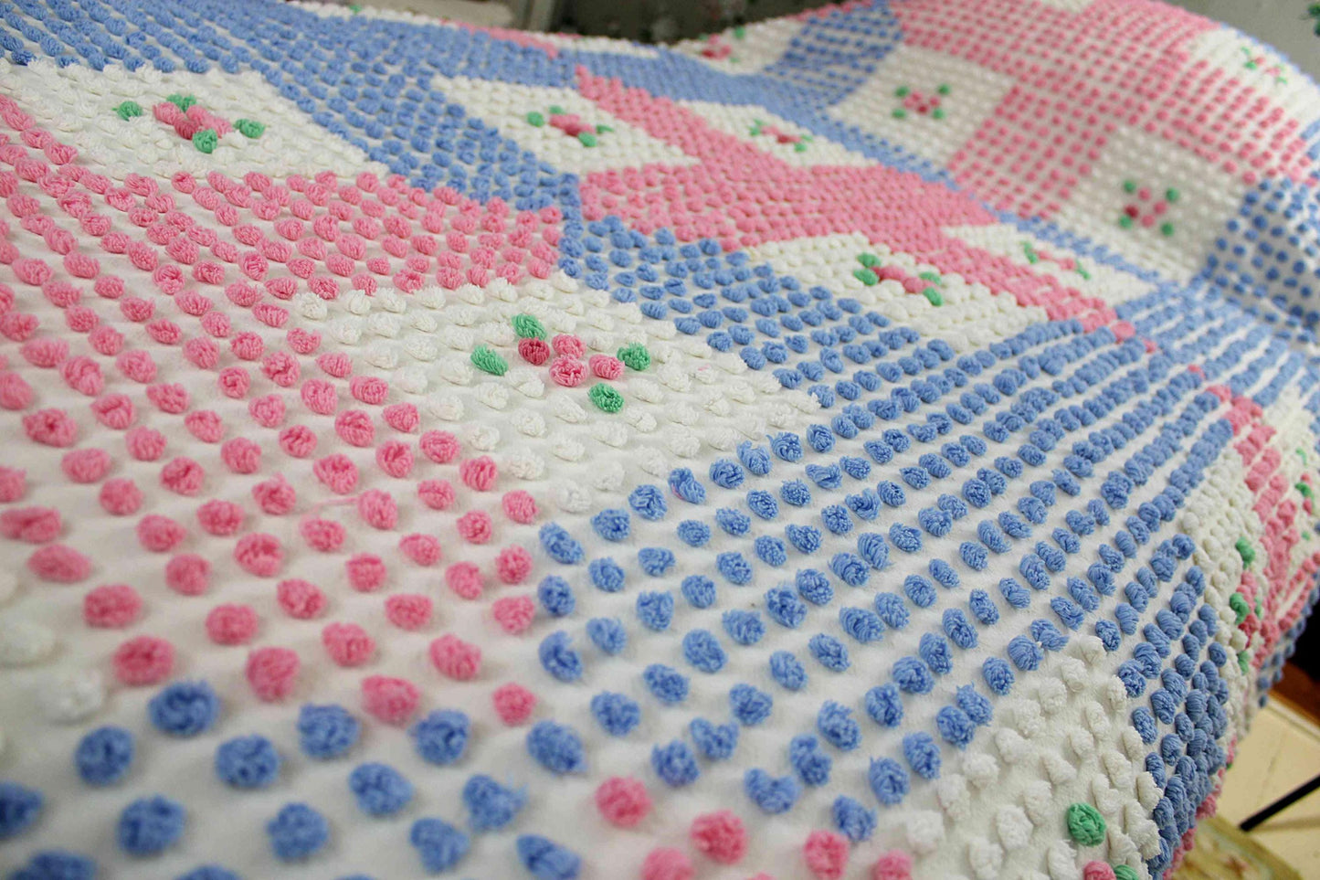 Rare Vintage Chenille Bedspread, Tufted Pink & Blue Popcorns with Rose Pop Flowers, Anne Orr for Cabin Crafts, Full Size Cottage Bedding