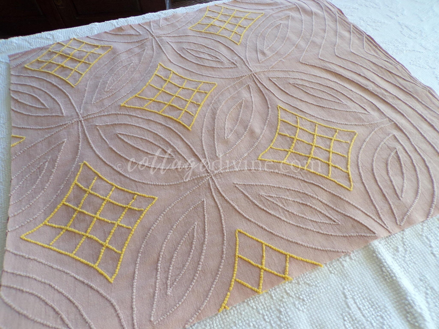 mocha sunrise vintage chenille fabric, diamond waffle tuft wedding ring design, 22" x 26" piece of quilt material for sewing & crafts