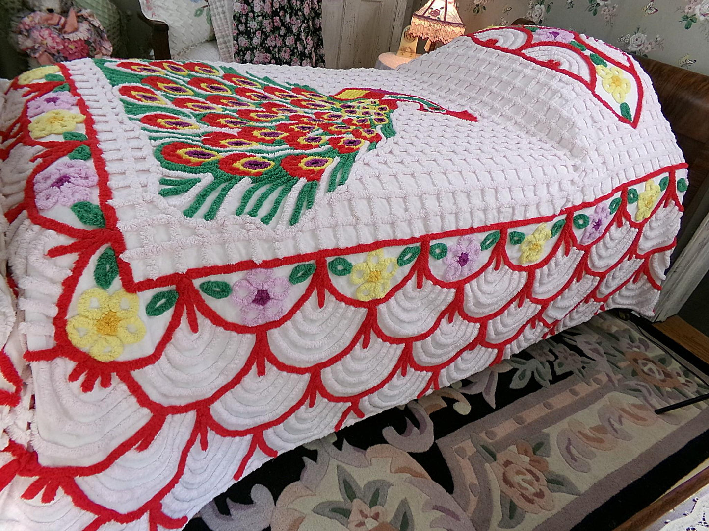 Sprawling Peacock Vintage Chenille Bedspread, Boho Red Green & White Cotton Full Size
