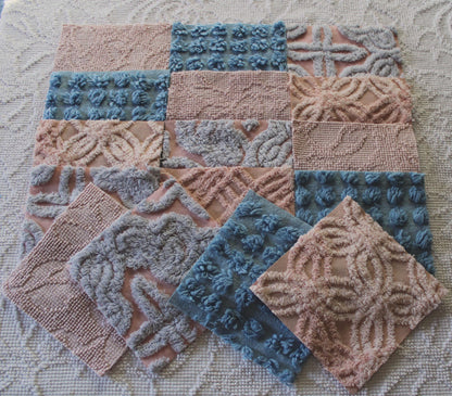 twilight melody vintage chenille fabric squares, set of 16 dreamy 6" quilt blocks, serene blue, rose mist, pink shades