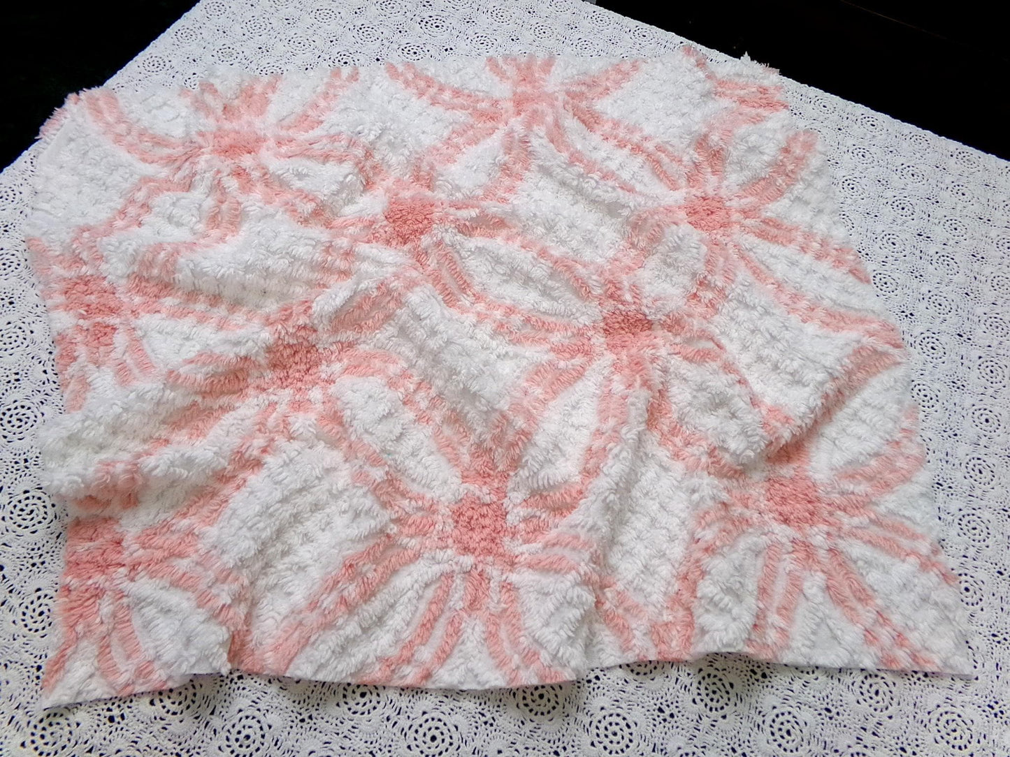 summer peach vintage chenille bedspread fabric white geometric quilt material 20x25"