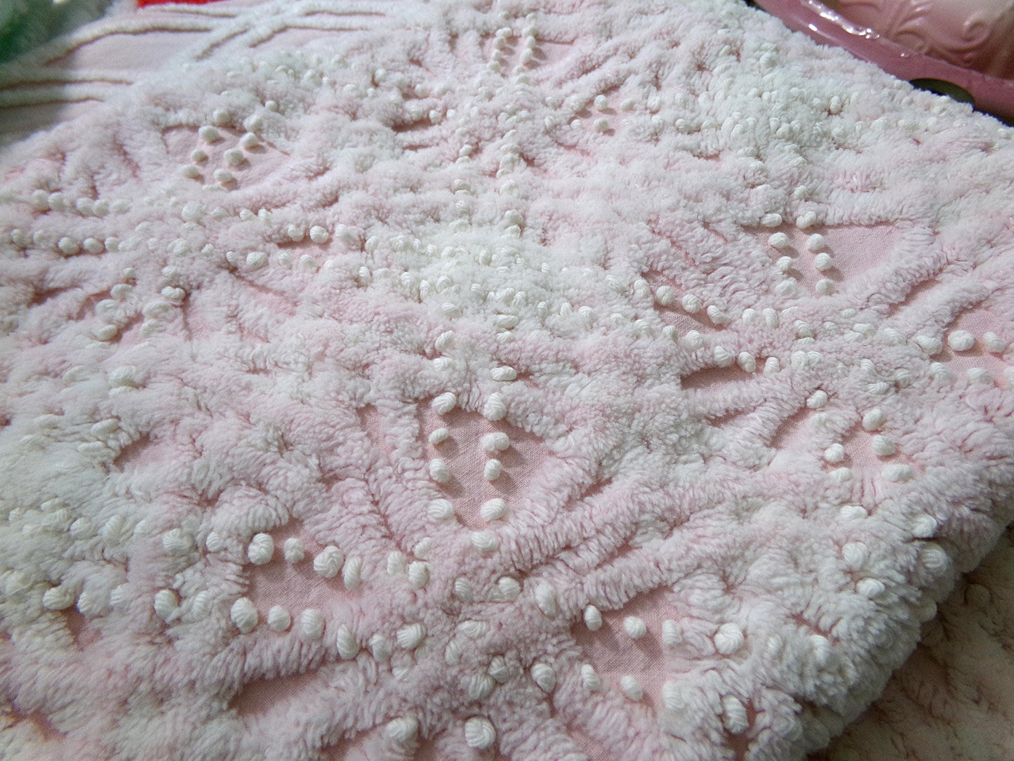 luxury pink vintage chenille fabric, 17x26" pc heavily tufted celestial snowflake spoke design