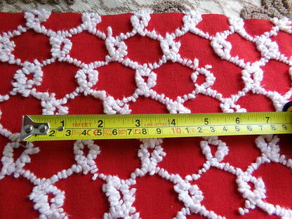 Red & White Vintage Chenille Bedspread Fabric, 17.5x23" Chain Link Design