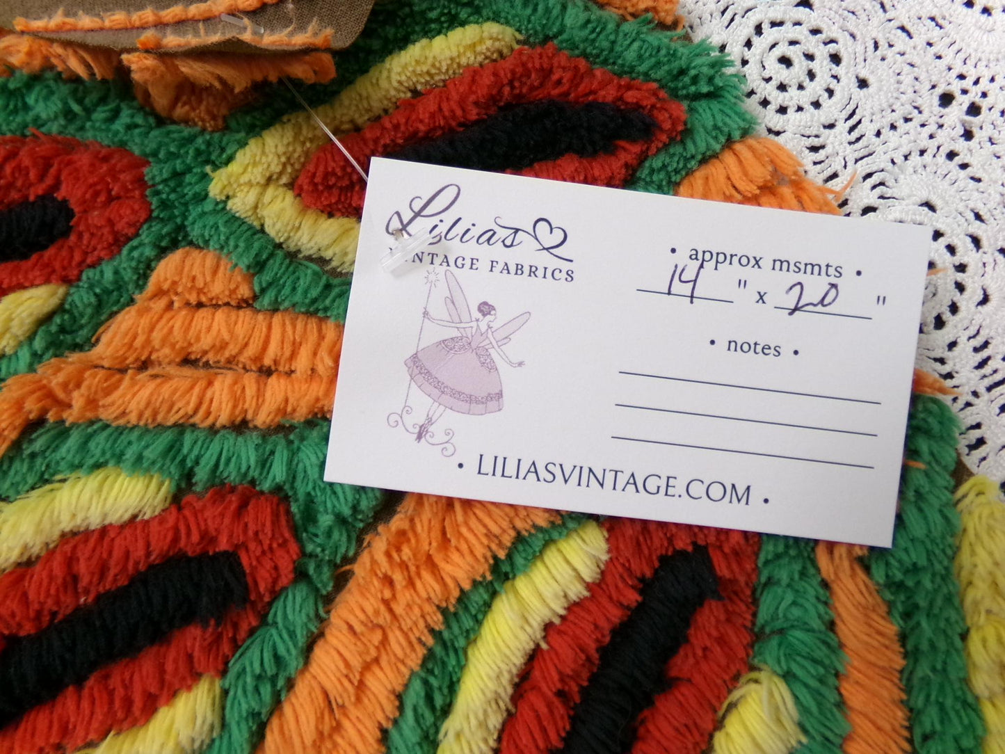 flame feathers vintage chenille bedspread fabric boho peacock plumes brown orange 14x20"