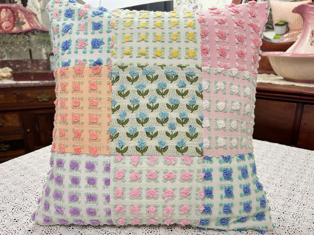Vintage Rose Chenille Pillow Cover, 16" Square Reversible Patchwork Floral Design