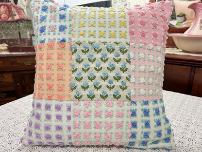 Vintage Rose Chenille Pillow Cover, 16" Square Reversible Patchwork Floral Design