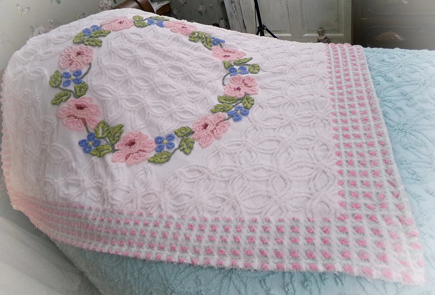 Vintage Floral Quilt Handmade from Shabby Chenille Bedspread Fabrics 52x45.5"