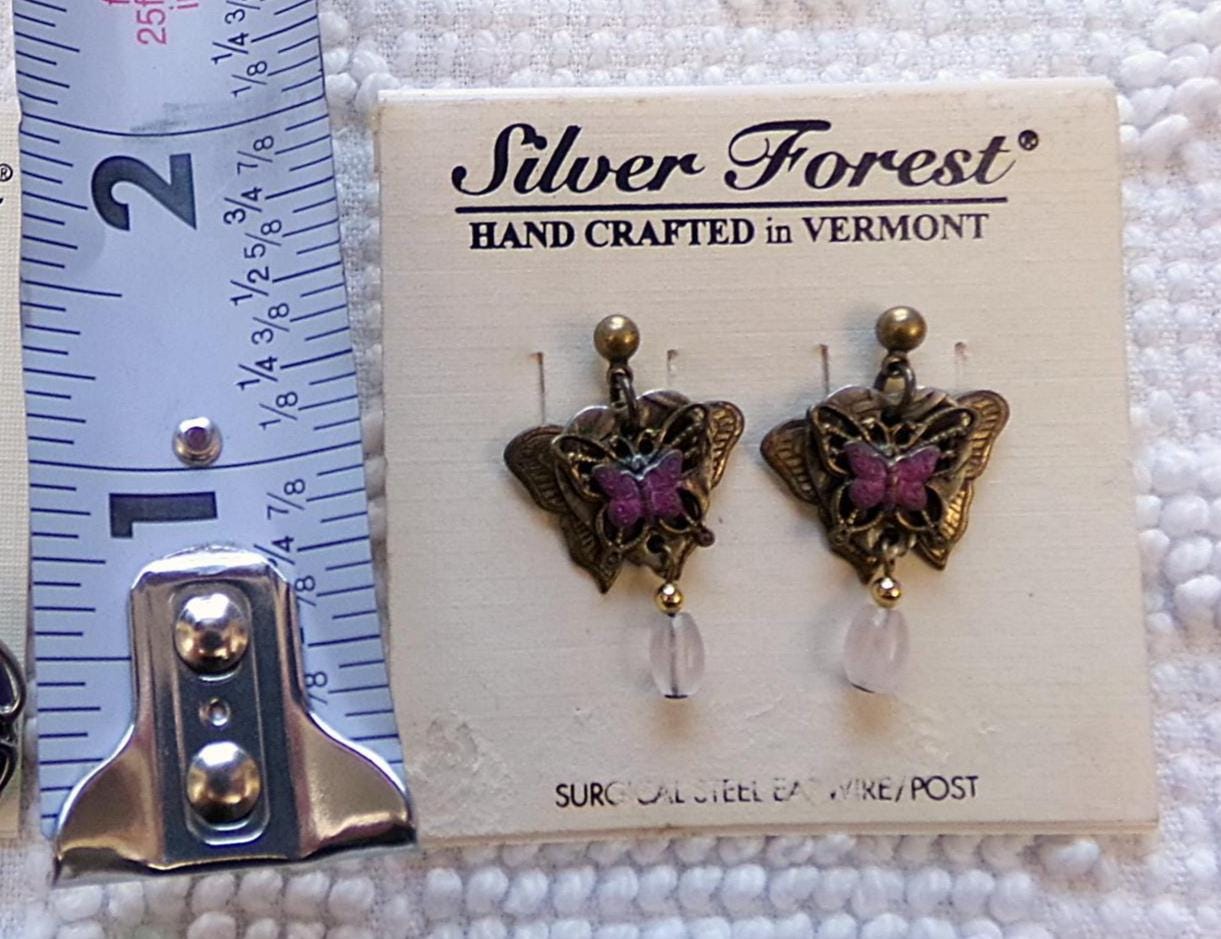 pink butterfly dangle earrings, pierced post back vintage Silver Forest Vermont jewelry