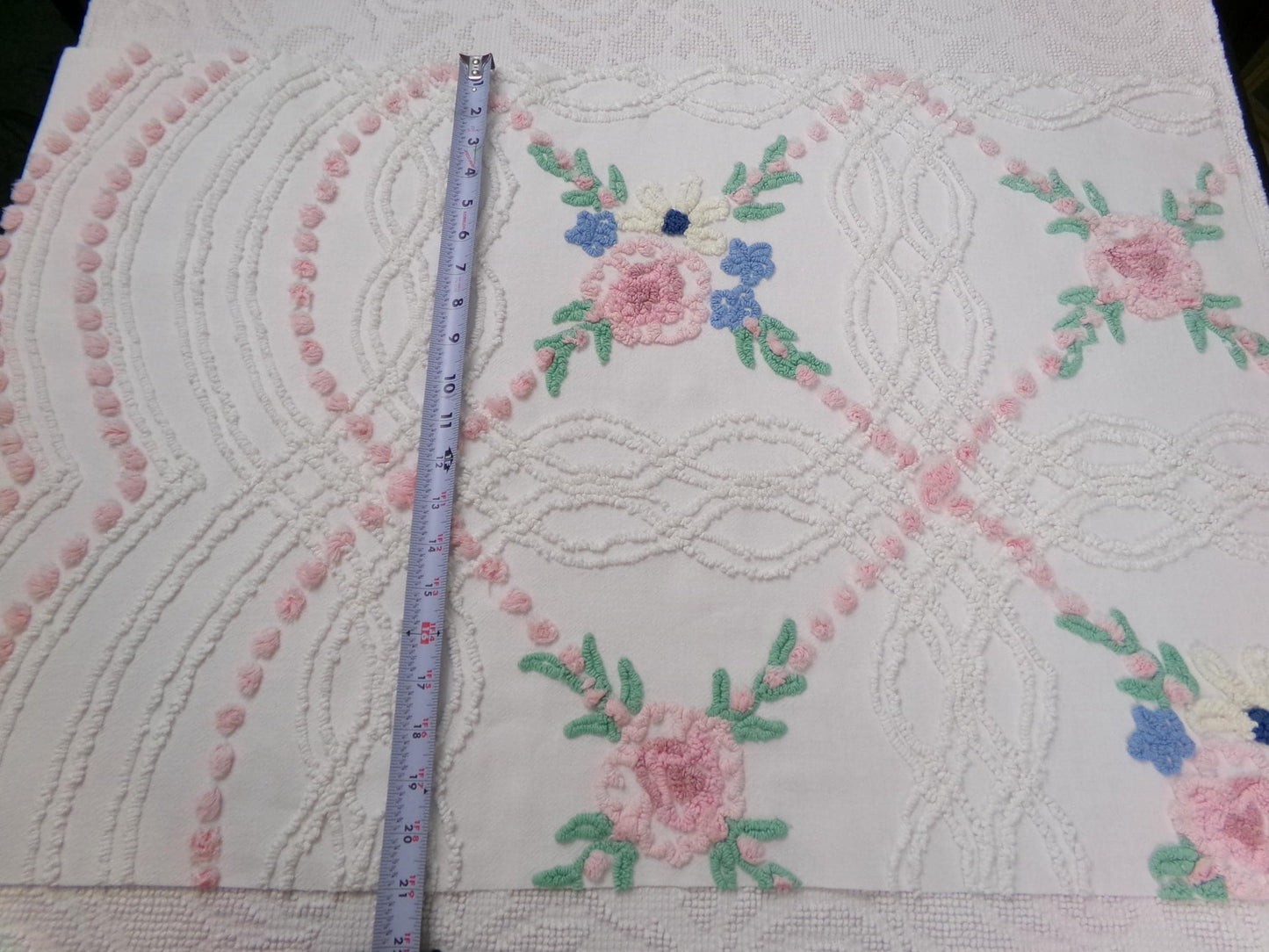 Shabby Wildflowers Vintage Chenille Fabric, pink rose floral sewing material, 20" x 32"