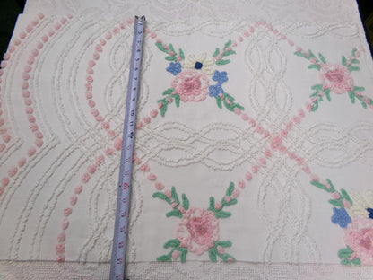 Shabby Wildflowers Vintage Chenille Fabric, pink rose floral sewing material, 20" x 32"