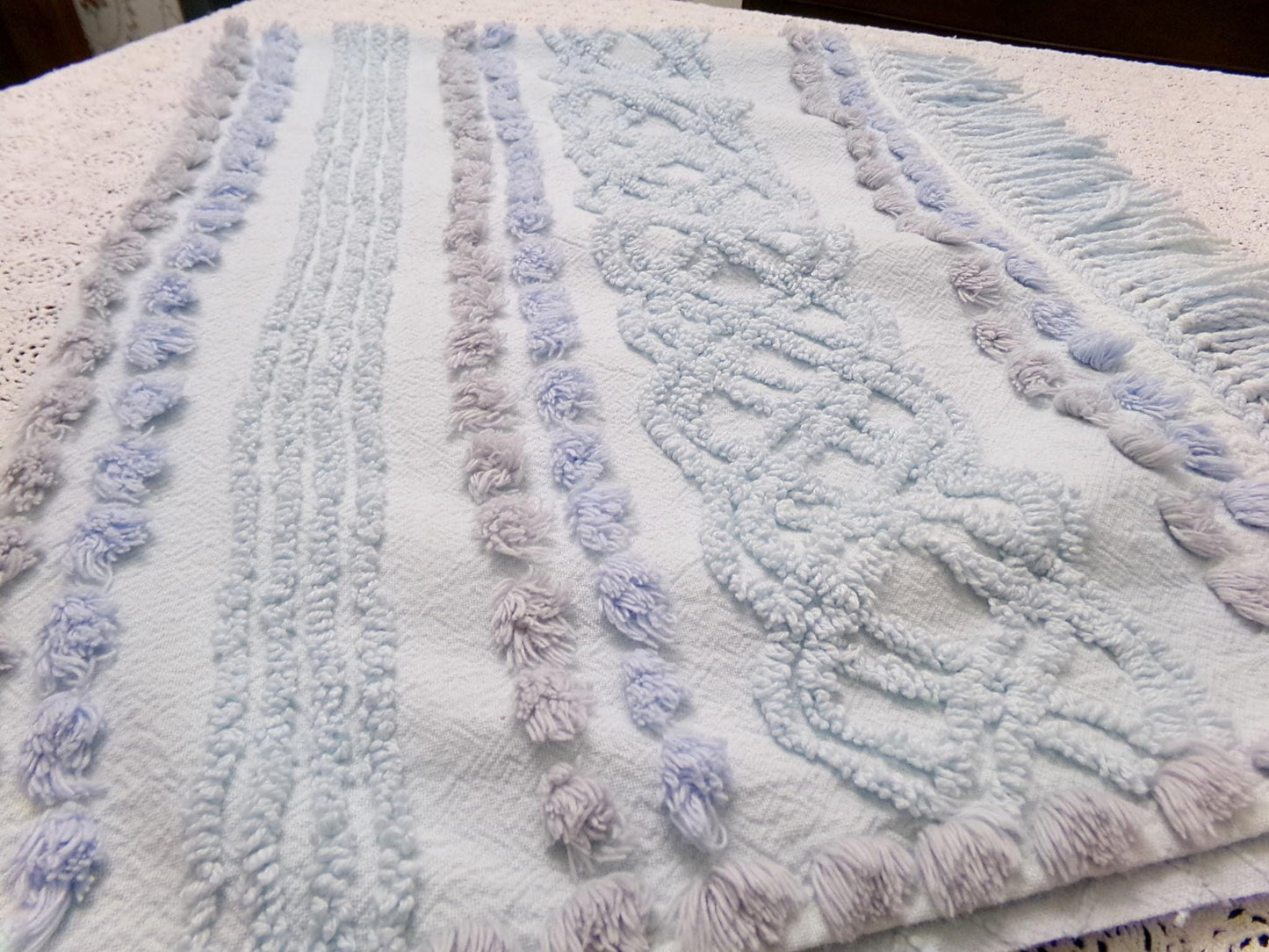 cool blue grey vintage chenille bedspread fabric boho fringe 13x36" cabin crafts