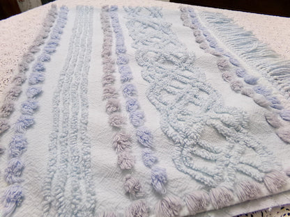 cool blue grey vintage chenille bedspread fabric boho fringe 13x36" cabin crafts
