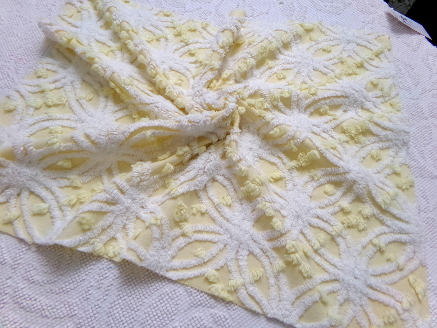Vintage Sunny Yellow Chenille Fabric Piece, Textured Sewing & Quilt Material 18" x 24"